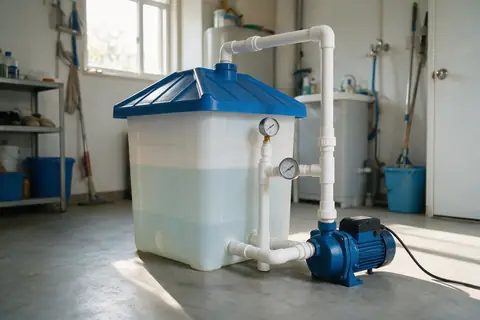 Tanque de agua y bomba presurizadora en el lavadero de una casa
