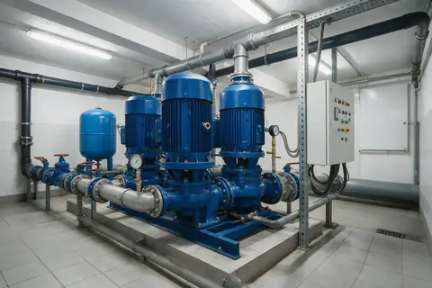 Sala de máquinas de un edificio con dos bombas azules y tablero de control