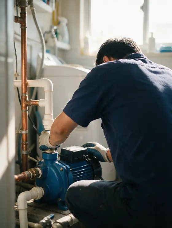 Técnico de uniforme azul reparando una bomba presurizadora en un lavadero