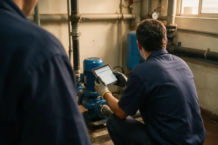 Técnico agachado junto a una bomba en la sala de máquinas de un edificio, revisando datos en una tablet